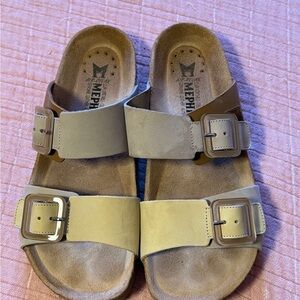 Mephisto Taupe Slide Sandals with Buckles
